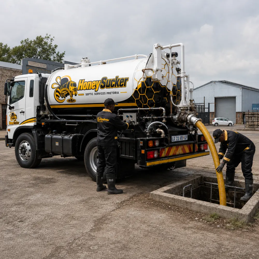 Septic cleaning technicians working beside a HoneySucker tanker in Pretoria