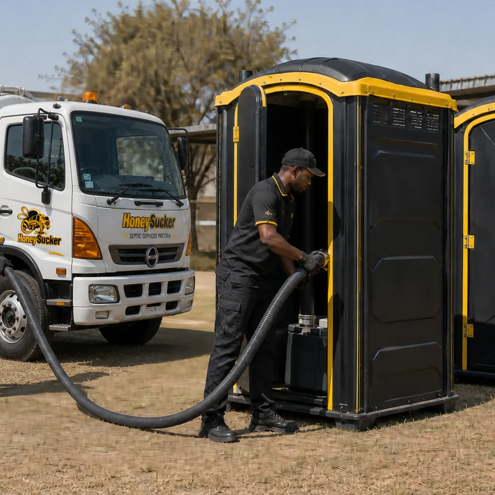 HoneySucker truck servicing black and yellow portable toilets in Pretoria