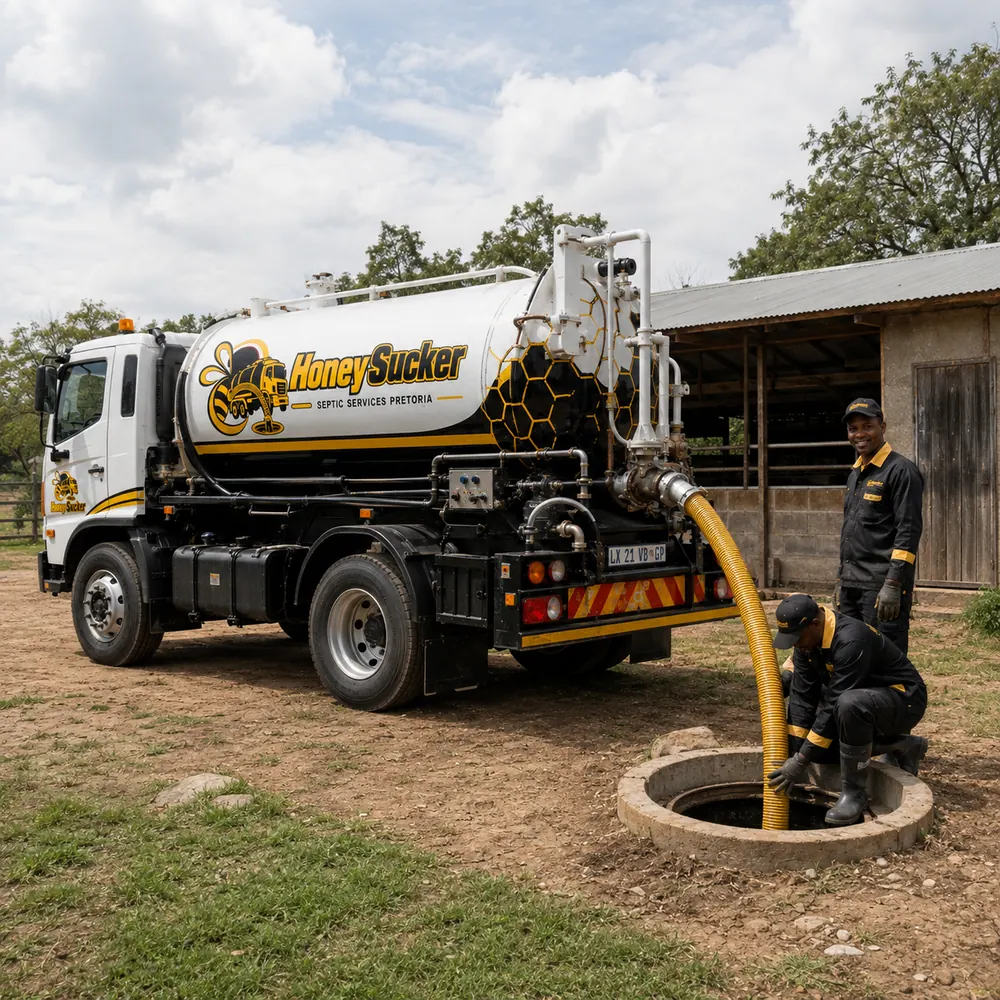 Septic service technician positioning a suction hose at a Pretoria property