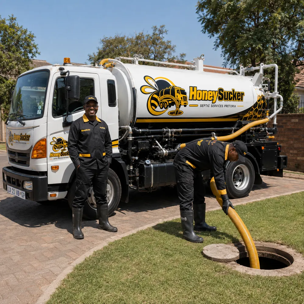 HoneySucker septic pumping team and vacuum tanker at a Pretoria property