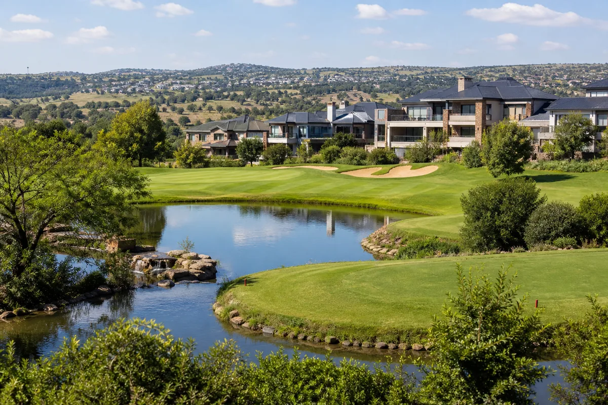 Golf fairways, water features and upscale estate homes in Blue Valley Golf Estate, within HoneySucker's Centurion Pretoria septic service coverage