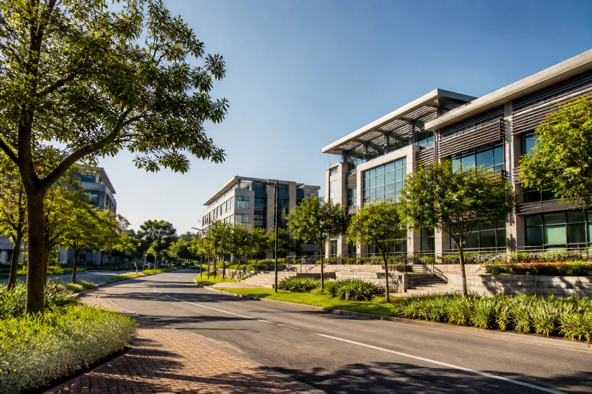 Modern offices and landscaped technology park streets in Highveld, within HoneySucker's Centurion Pretoria septic service coverage
