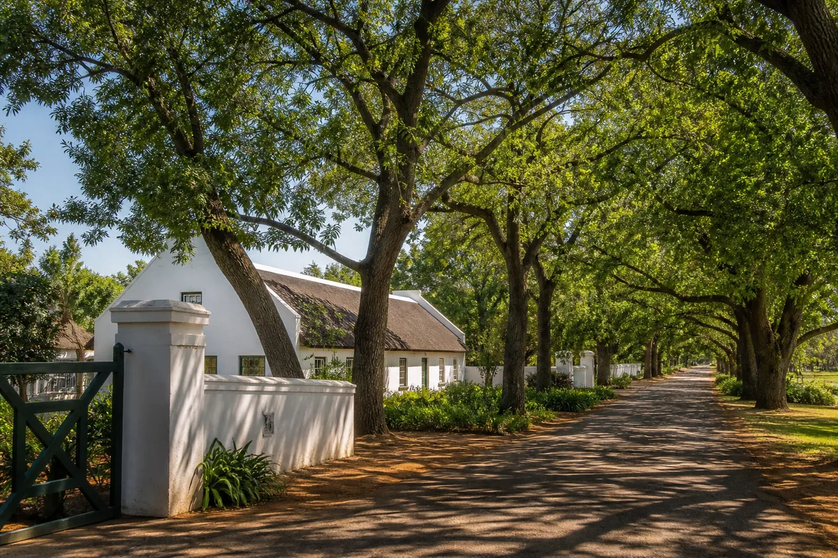 Historic oak-lined lanes and green farm surroundings in Irene, within HoneySucker's Centurion Pretoria septic service coverage