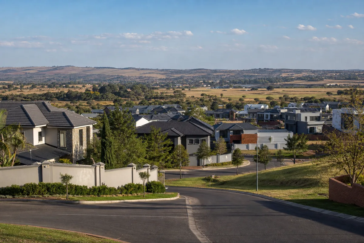 Residential estate streets beside open western landscapes in Kirkney, within HoneySucker's Pretoria West septic service coverage