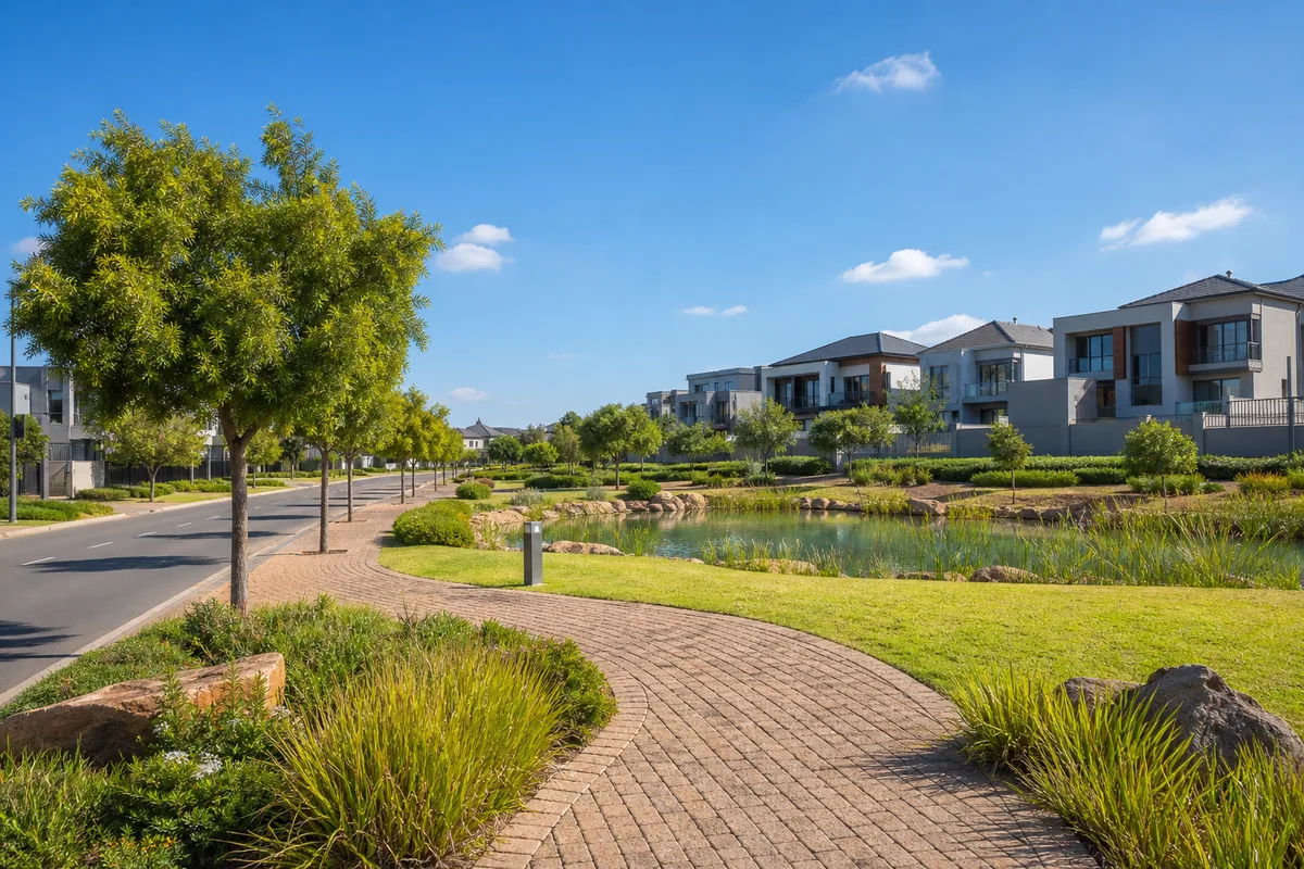 Landscaped estate boulevard, parks and modern homes in Midstream Estate, within HoneySucker's Centurion Pretoria septic service coverage