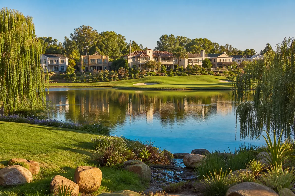 Golf estate lake, fairway and upscale residential homes in Silver Lakes Golf Estate, within HoneySucker's Pretoria East septic service coverage