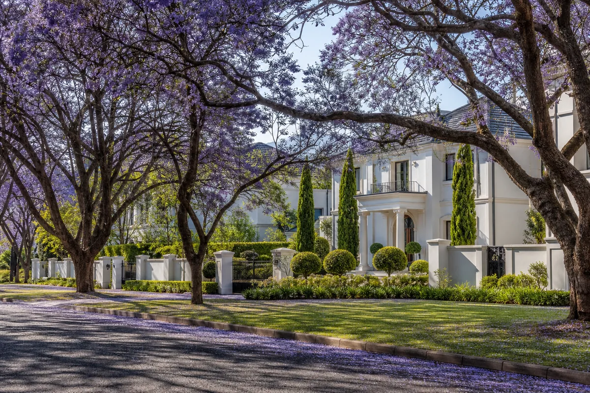 Affluent jacaranda-lined residential avenue in Waterkloof, within HoneySucker's Pretoria Central septic service coverage