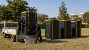 Black and yellow portable toilets delivered for rental in Pretoria