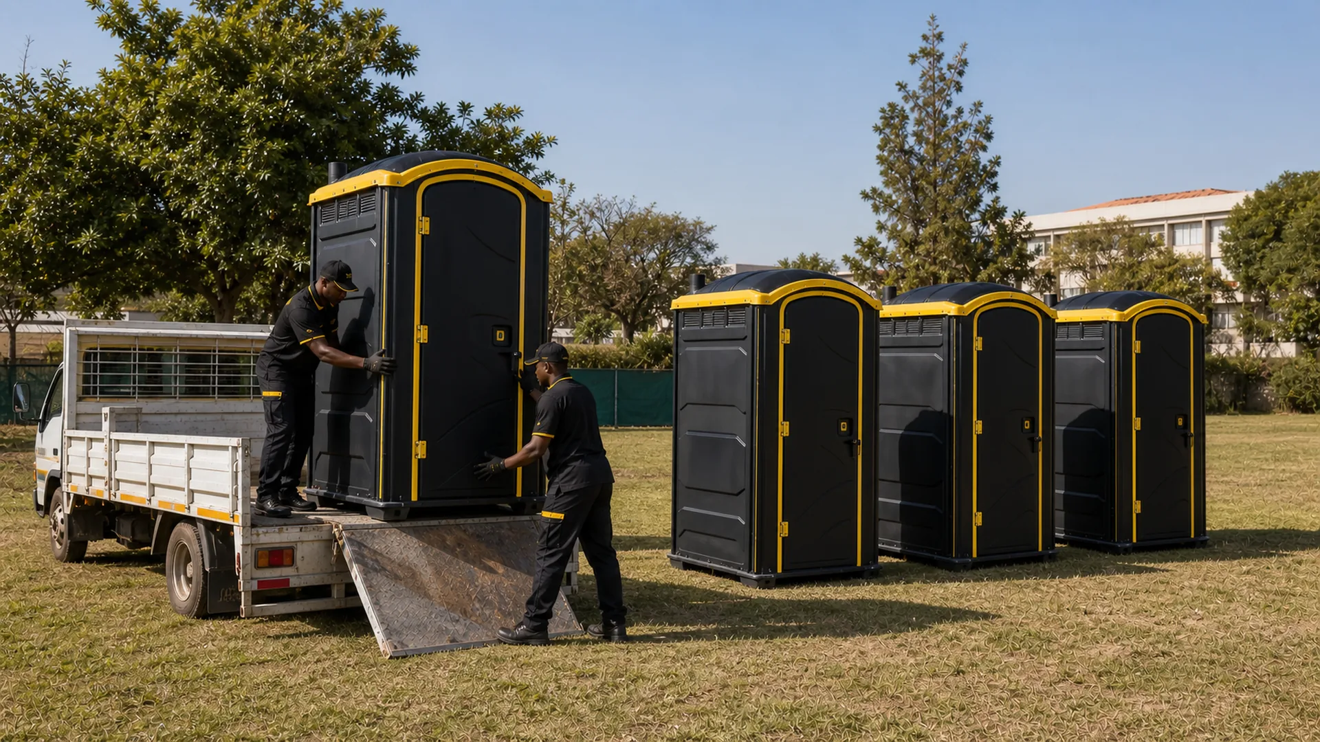 Black and yellow portable toilets delivered for rental in Pretoria