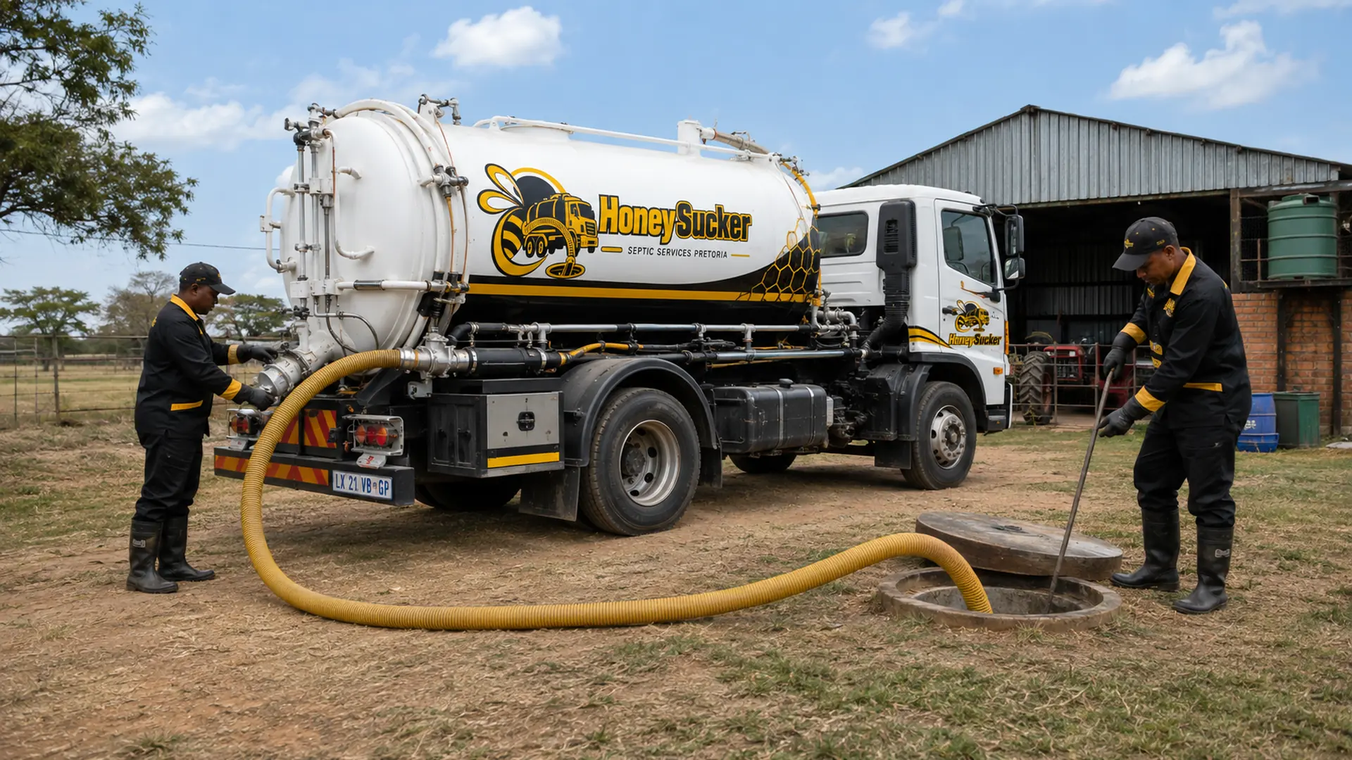 Septic tank pumping equipment and tanker at a Pretoria home